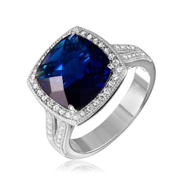 Silver 925 Rhodium Plated Square Halo Blue CZ Ring with Micro Pave Stones - GMR00090S | Silver Palace Inc.