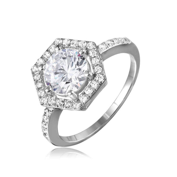 Silver 925 Rhodium Plated 6 Sides Design CZ Halo Ring - GMR00092 | Silver Palace Inc.
