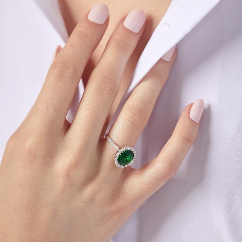 Silver 925 Rhodium Plated Green Oval Halo Ring with CZ Stones - GMR00099G