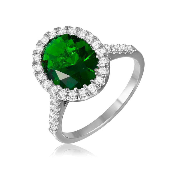 Silver 925 Rhodium Plated Green Oval Halo Ring with CZ Stones - GMR00099G | Silver Palace Inc.