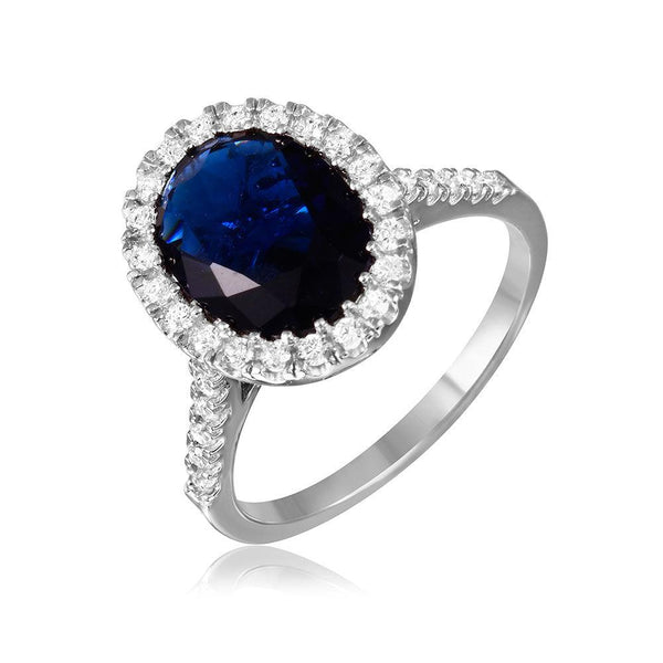 Silver 925 Rhodium Plated Blue Oval Halo Ring with CZ Stones - GMR00099S | Silver Palace Inc.