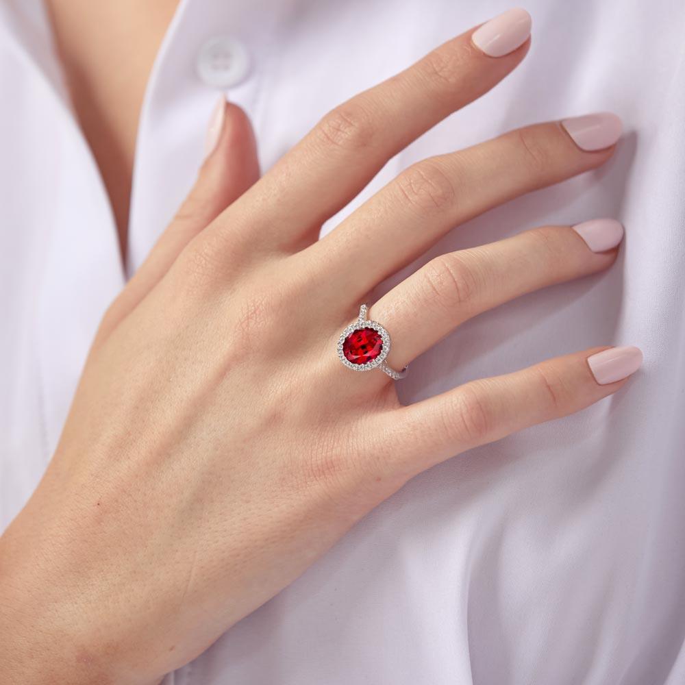 Silver 925 Rhodium Plated Red Oval Halo Ring with CZ Stones - GMR00099R