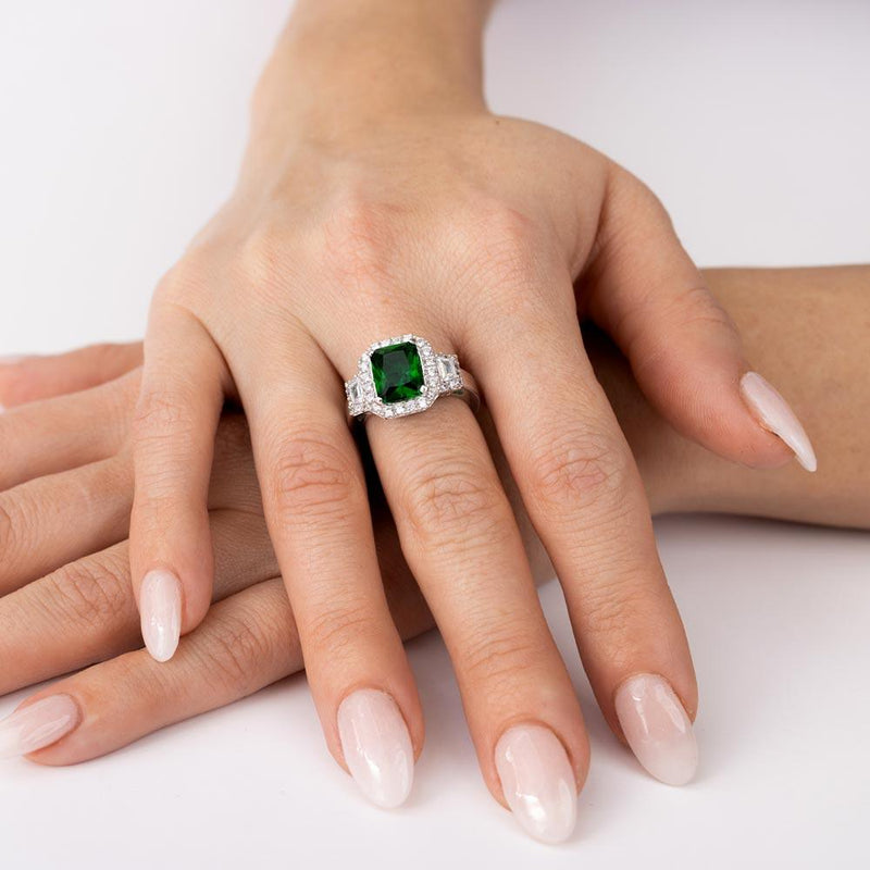 Silver 925 Rhodium Plated Green Emerald Cut Center CZ Stone Ring - GMR00101G