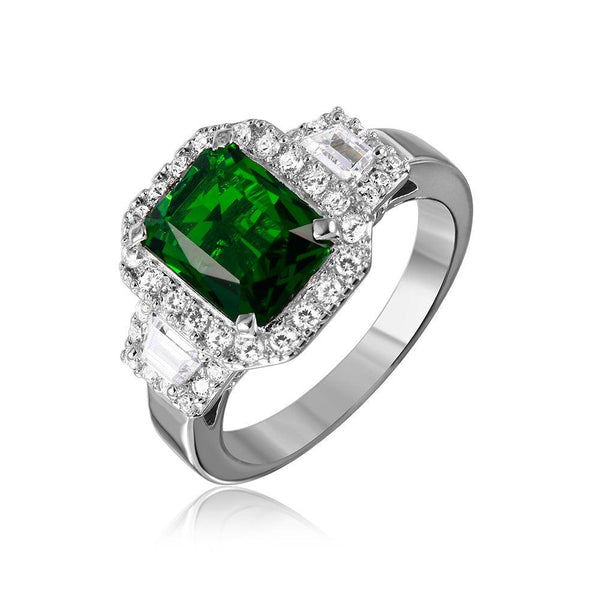 Silver 925 Rhodium Plated Green Emerald Cut Center CZ Stone Ring - GMR00101G | Silver Palace Inc.