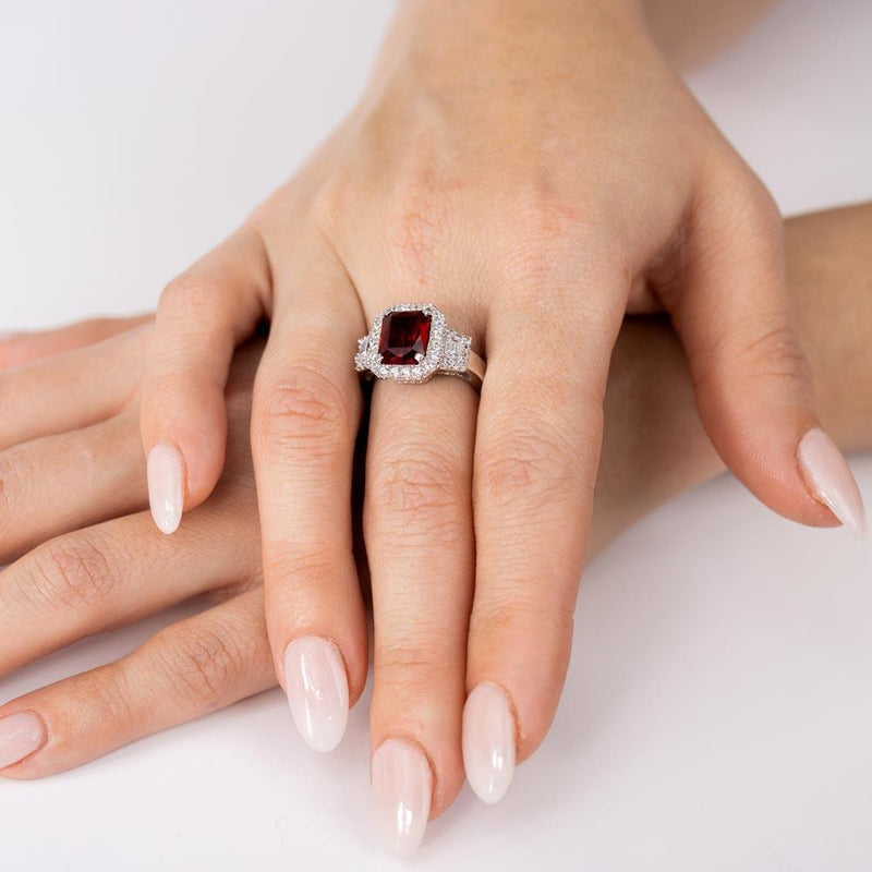 Silver 925 Rhodium Plated Red Emerald Cut Center CZ Stone Ring - GMR00101R