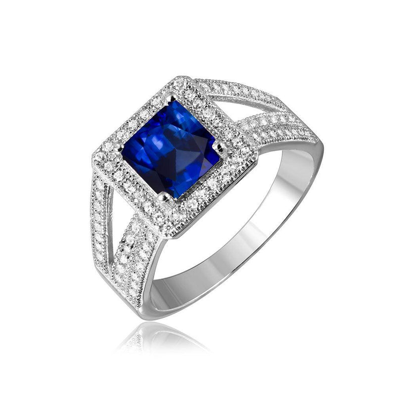 Silver 925 Rhodium Plated Sapphire Square Halo with Micro Pave CZ Ring - GMR00103S | Silver Palace Inc.
