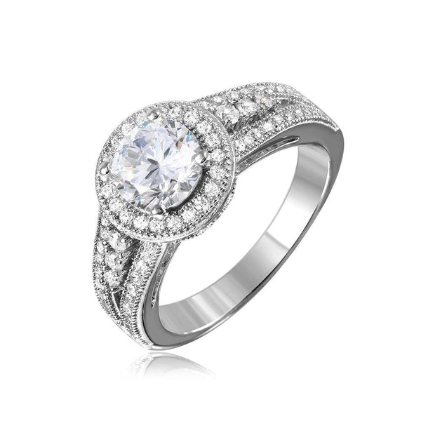 Silver 925 Rhodium Plated Halo Ring with CZ Split Shank Band - GMR00104 | Silver Palace Inc.