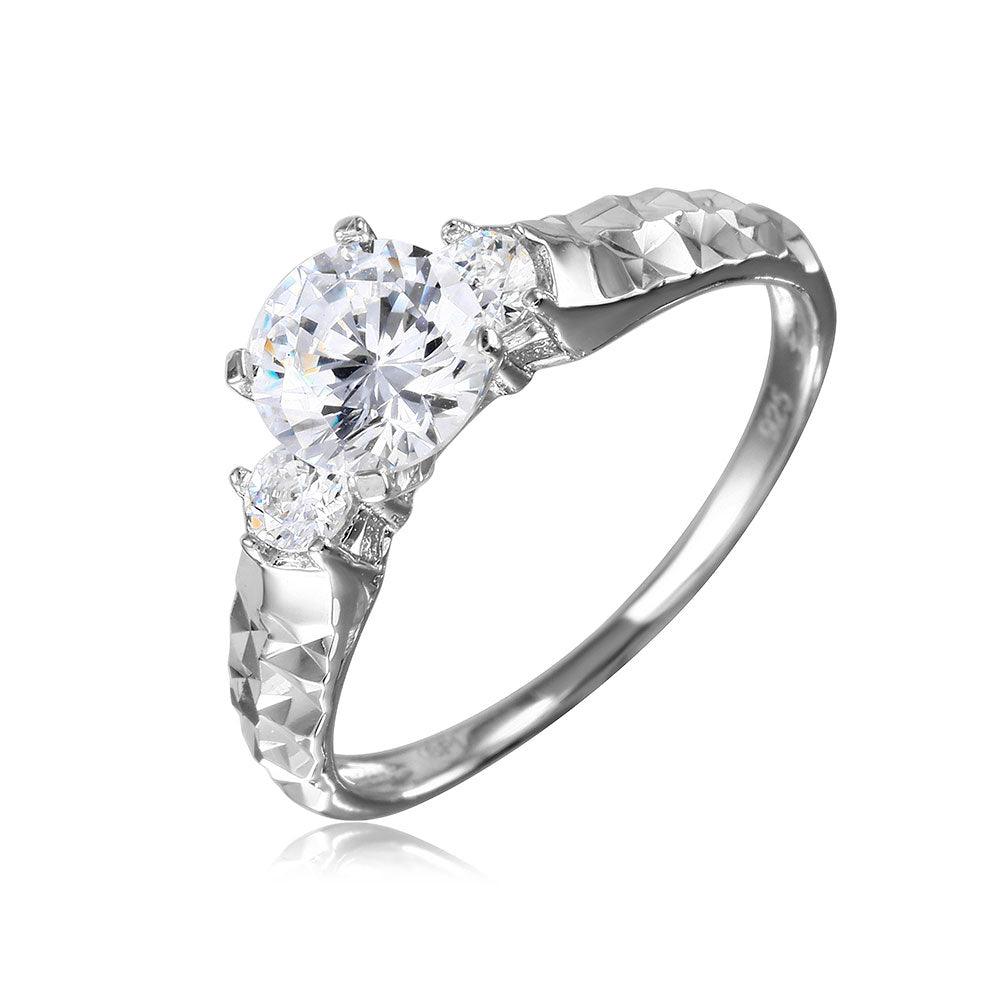 Silver 925 Rhodium Plated CZ Center Stone Ring with Hammered Shank - GMR00109 | Silver Palace Inc.