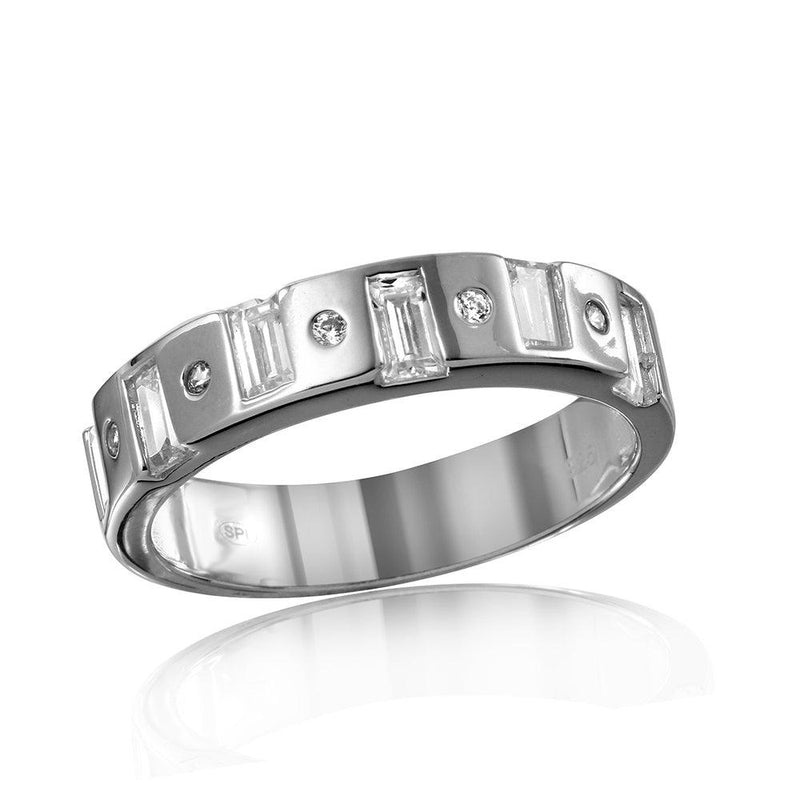 Mens Sterling Silver 925 Rhodium Plated Matching Baguette CZ Band - GMR00111 | Silver Palace Inc.