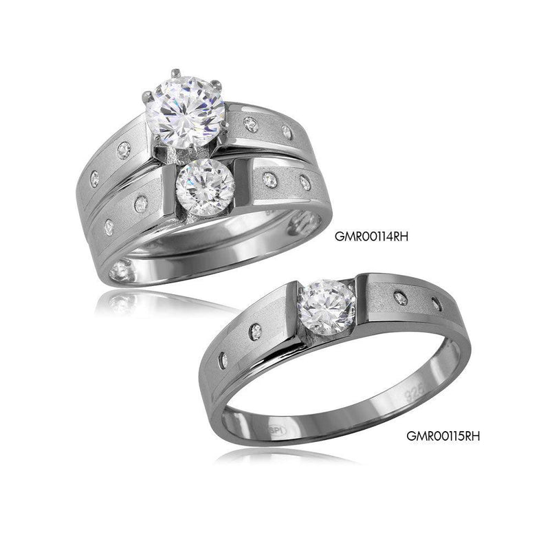 Silver 925 Matte Finish Shank CZ Matching Wedding Mens Ring - GMR00115