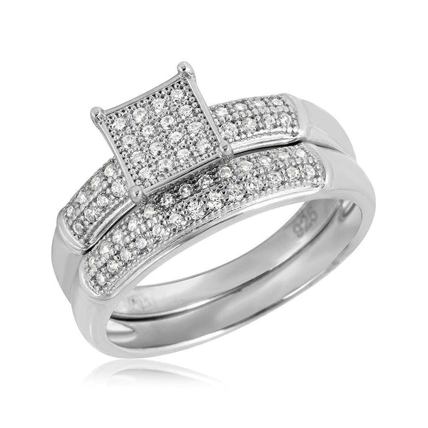 Silver 925 Rhodium Plated Square Design Micro Pave Bridal Ring - GMR00116 | Silver Palace Inc.