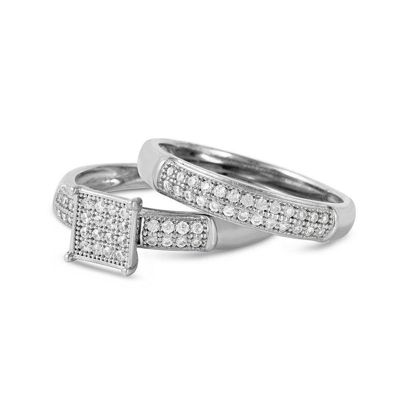 Silver 925 Rhodium Plated Square Design Micro Pave Bridal Ring - GMR00116