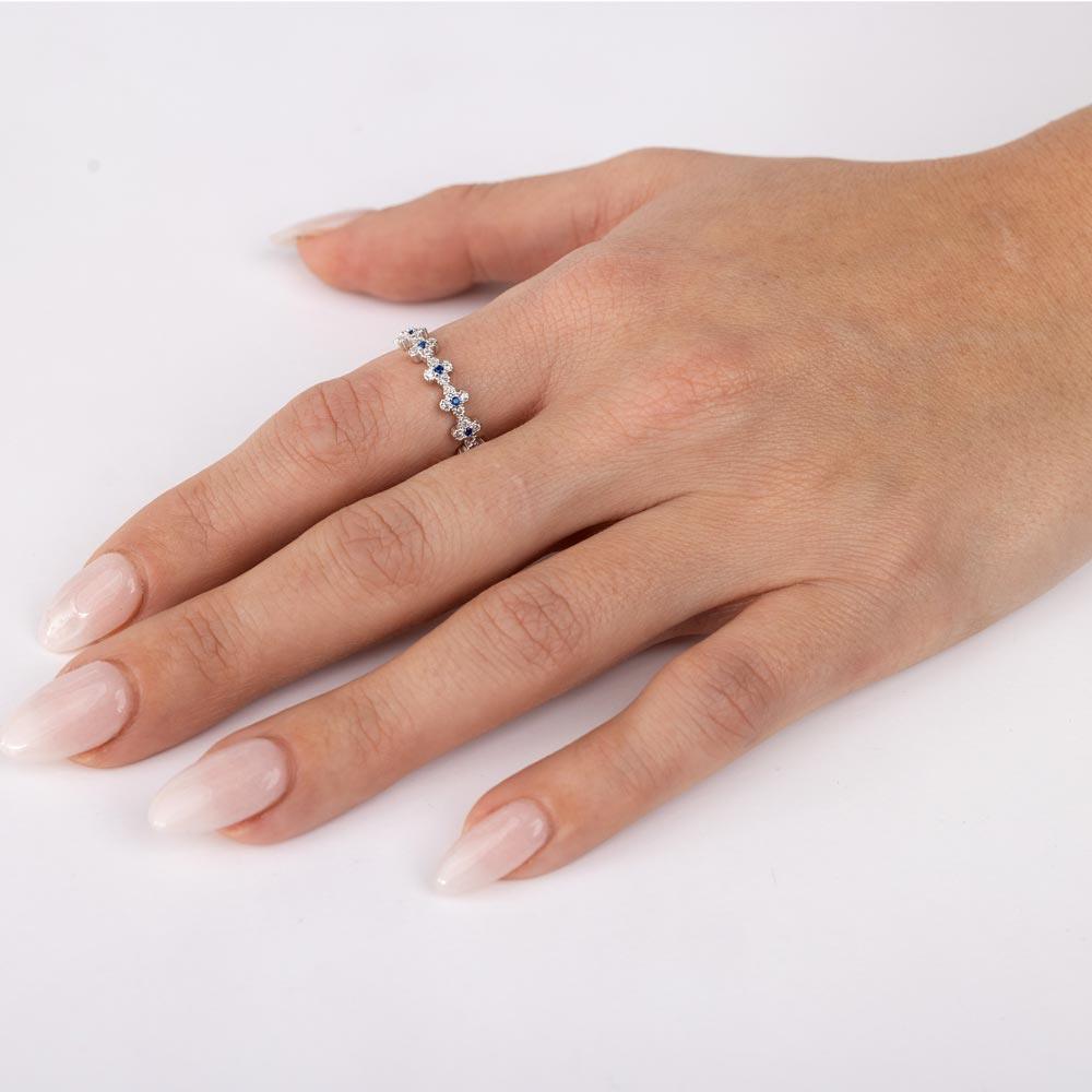 Silver 925 Rhodium Plated Clover Band with Blue CZ Stones - GMR00129S