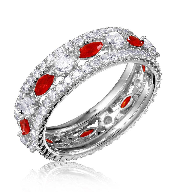 Silver 925 Rhodium Plated Band Encrusted with Clear and Red CZ Stones - GMR00133R | Silver Palace Inc.