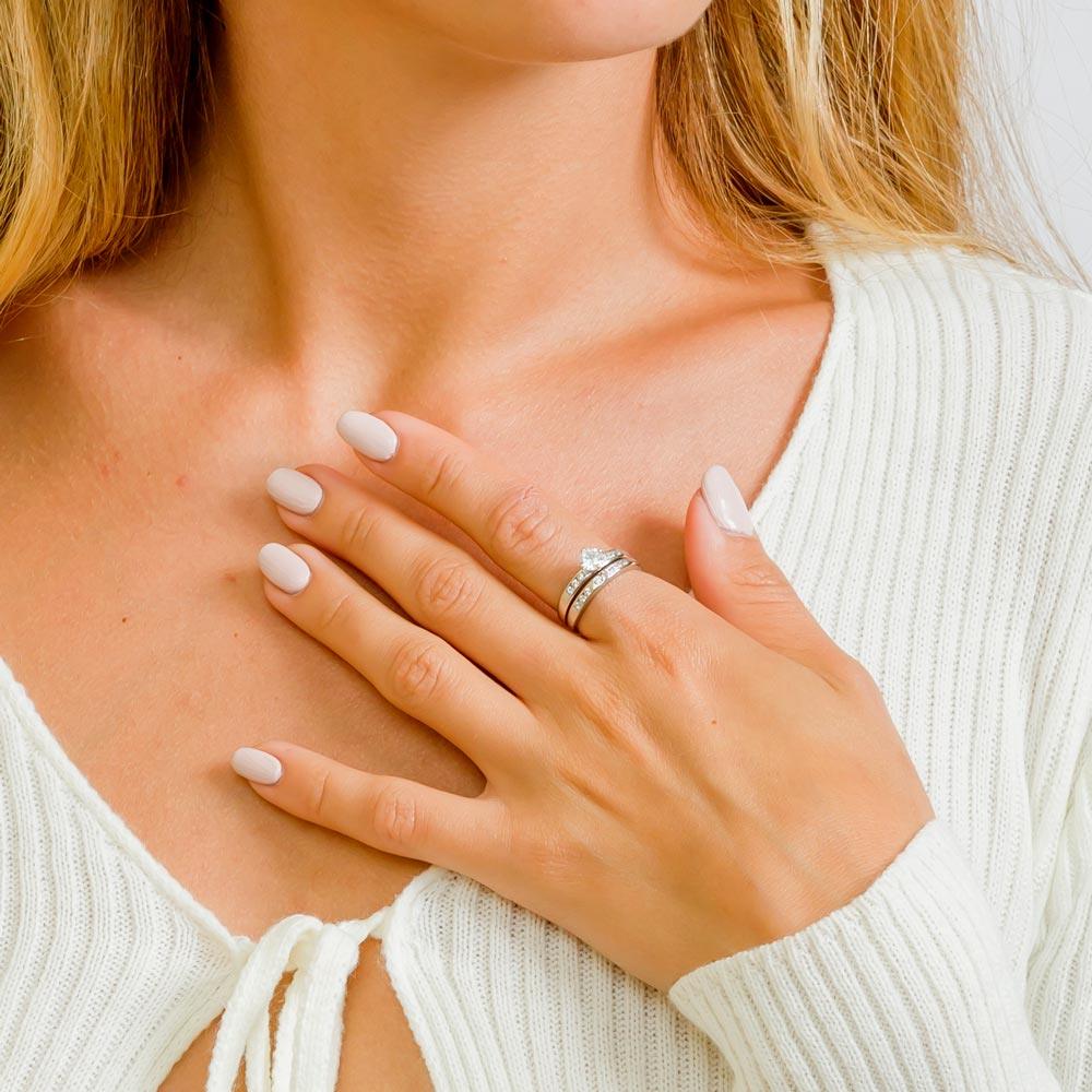 Silver 925 Rhodium Plated Round Pave Center Set Bridal Ring - GMR00134