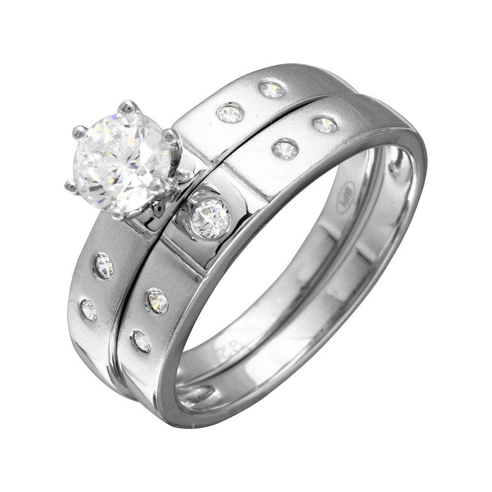 Silver 925 Half Matte Finish Rhodium Plated CZ Trio Bridal Ring - GMR00142 | Silver Palace Inc.