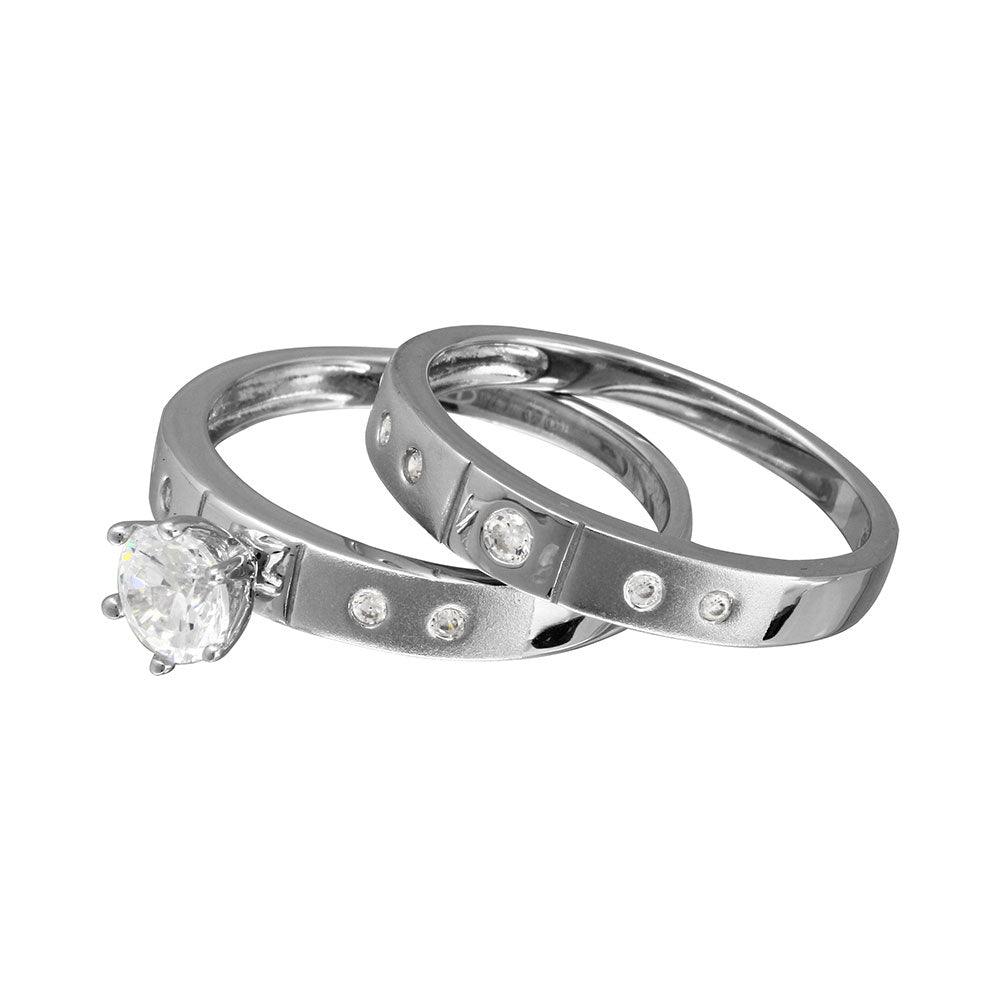 Half Matte Finish Rhodium Plated 925 Sterling Silver CZ Trio Bridal Ring - GMR00142