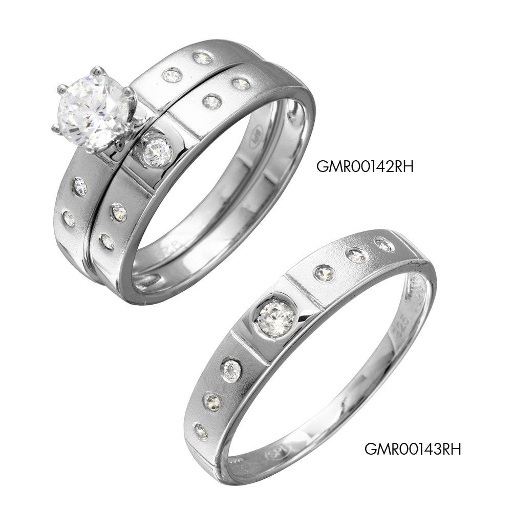 Half Matte Finish Rhodium Plated 925 Sterling Silver CZ Trio Bridal Ring - GMR00142