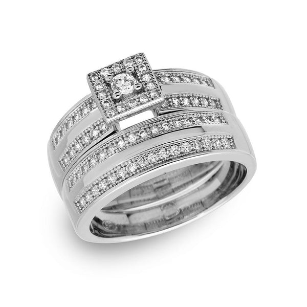 Silver 925 Rhodium Plated Round Square Center Trio Bridal Ring - GMR00148 | Silver Palace Inc.