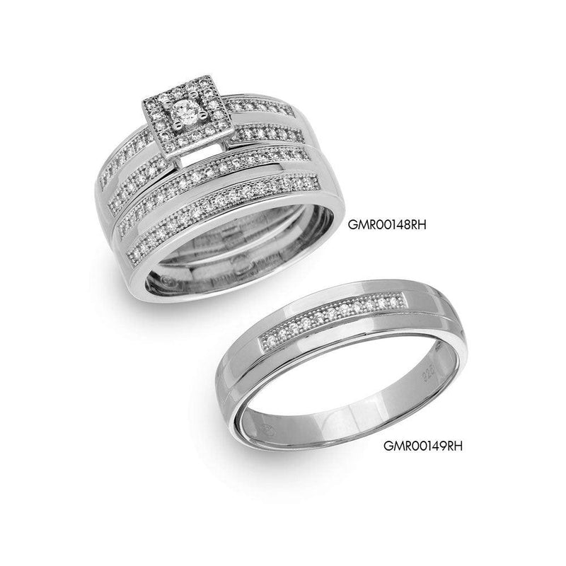 Silver 925 Rhodium Plated Round Square Center Trio Bridal Ring - GMR00148