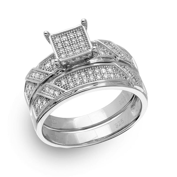 Silver 925 Rhodium Plated Square Pave Center Trio Bridal Ring - GMR00150 | Silver Palace Inc.