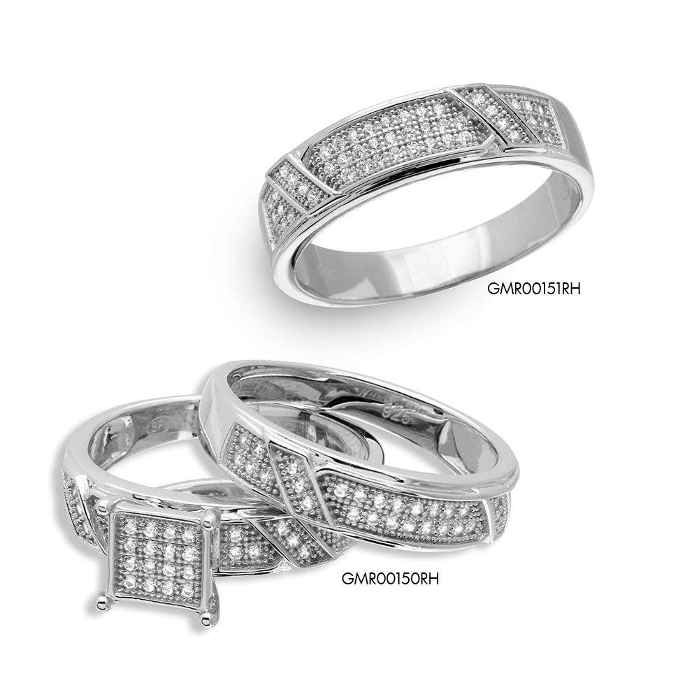 Anillo nupcial de trío con centro de pavé cuadrado chapado en rodio de plata 925 - GMR00150