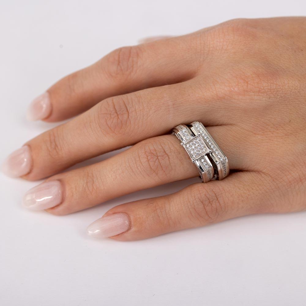 Anillo con acento de barra cuadrada de circonita transparente de dos piezas chapado en rodio de plata 925 - GMR00152