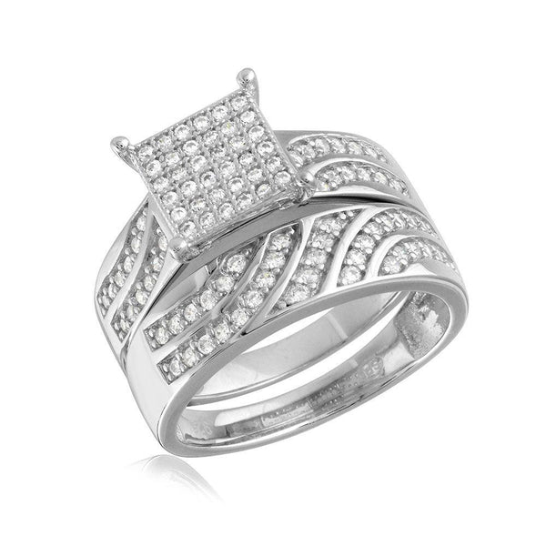Silver 925 Rhodium Plated Wave CZ Band Square Center Micro Pave Stones Wedding Ring - GMR00154 | Silver Palace Inc.