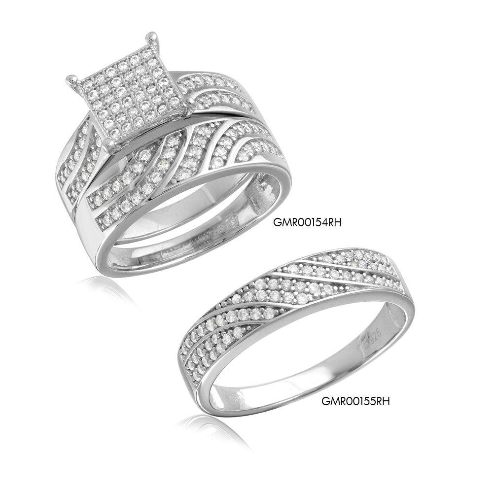 Anillo de bodas de plata de ley 925 rodiada con circonitas cúbicas onduladas y centro cuadrado con micropavé - GMR00154