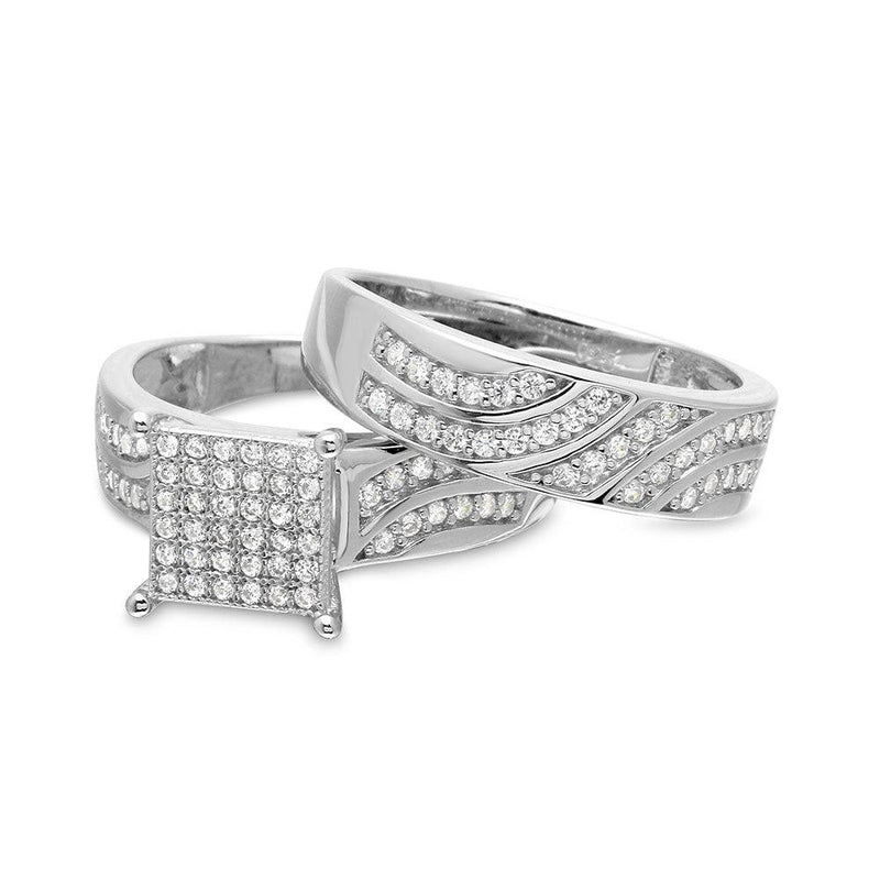 Rhodium Plated 925 Sterling Silver Wave CZ Band Square Center Micro Pave Stones Wedding Ring - GMR00154