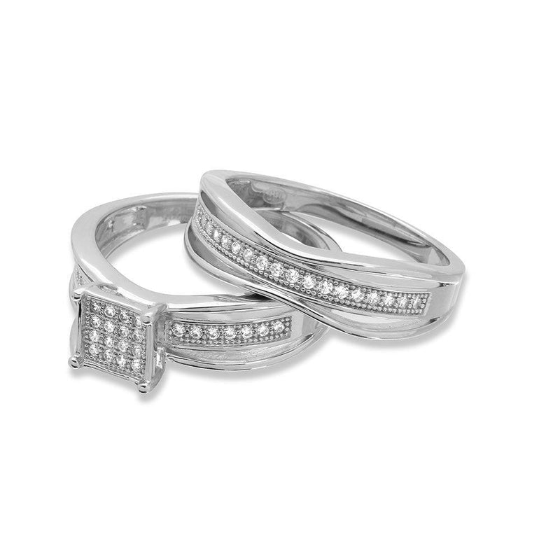 Silver 925 Rhodium Plated Square Center Trio Bridal Ring - GMR00156