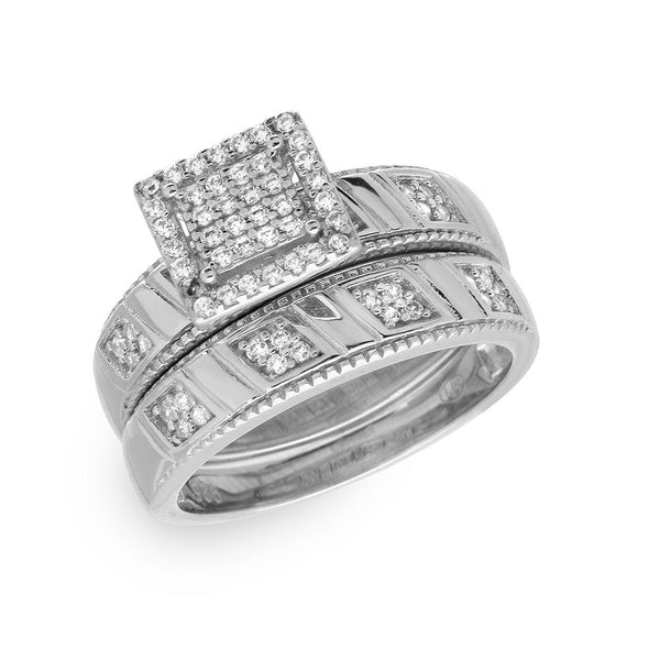 Silver 925 Rhodium Plated Square Pave Center Trio Bridal Ring - GMR00158 | Silver Palace Inc.