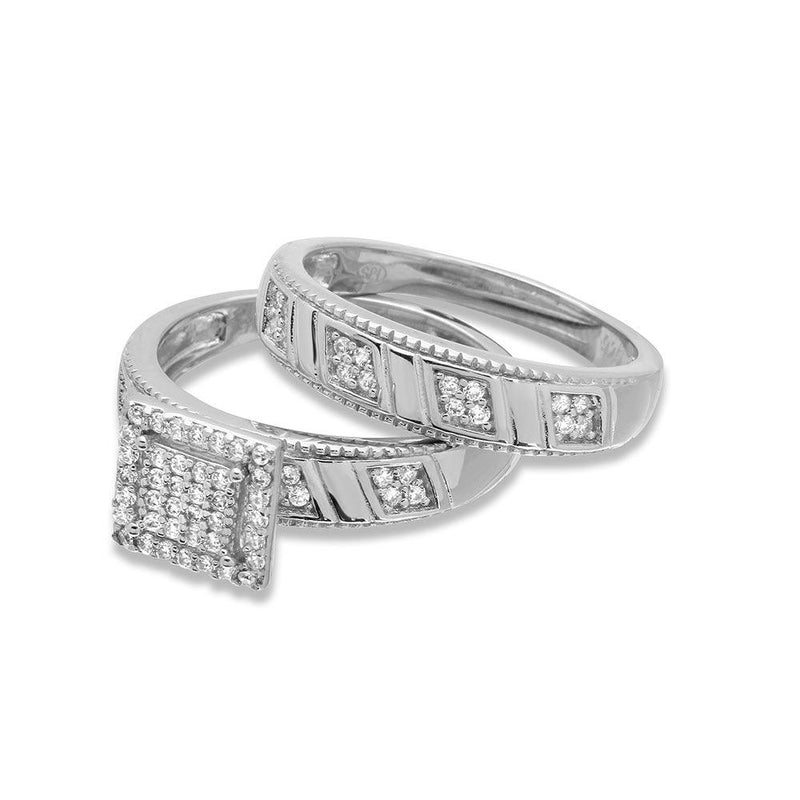 Silver 925 Rhodium Plated Square Pave Center Trio Bridal Ring - GMR00158