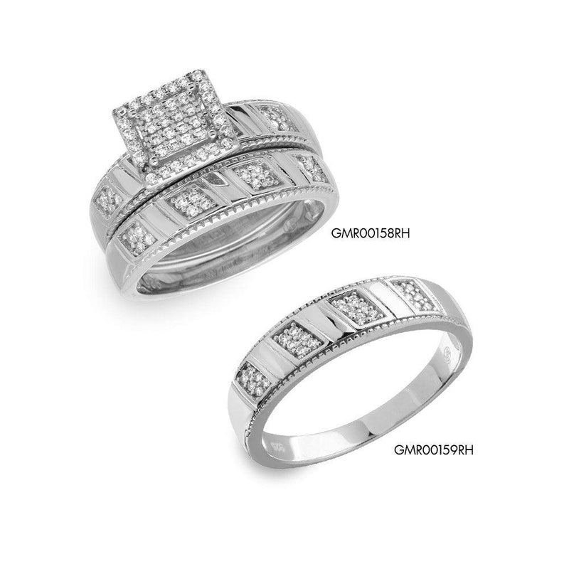 Silver 925 Rhodium Plated Square Pave Center Trio Bridal Ring - GMR00158