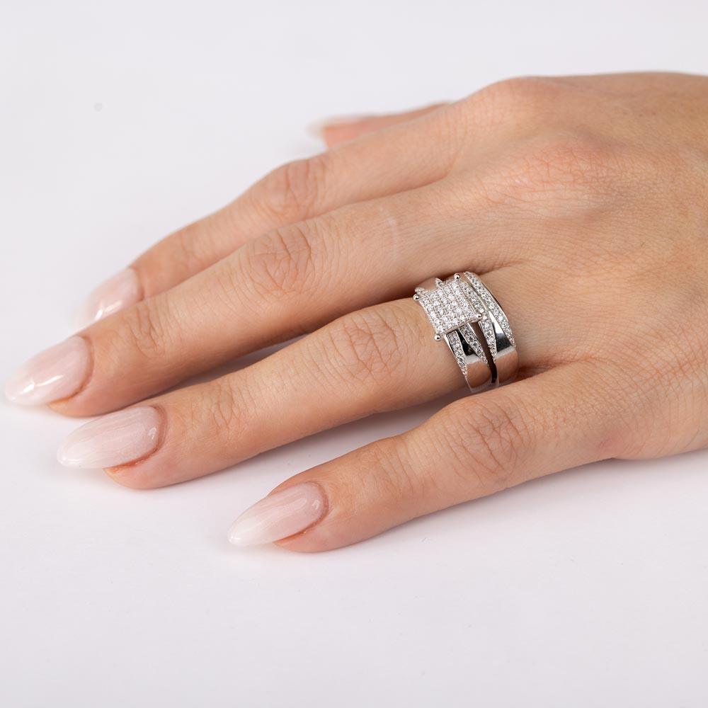 Silver 925 Rhodium Plated Square Pave Center Trio Bridal Ring - GMR00160