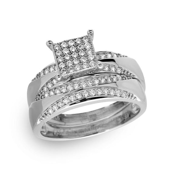 Silver 925 Rhodium Plated Square Pave Center Trio Bridal Ring - GMR00160 | Silver Palace Inc.
