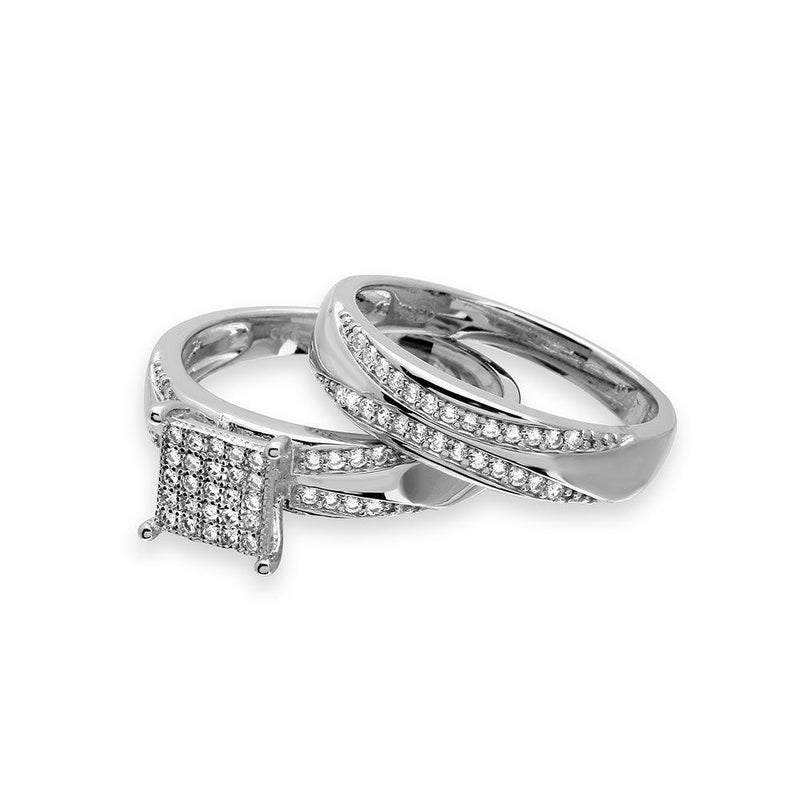 Silver 925 Rhodium Plated Square Pave Center Trio Bridal Ring - GMR00160