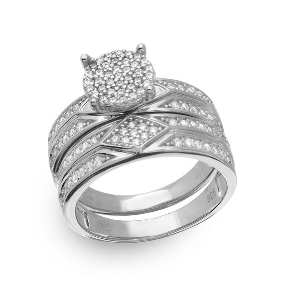 Silver 925 Rhodium Plated Round Pave Center Trio Bridal Ring - GMR00162 | Silver Palace Inc.