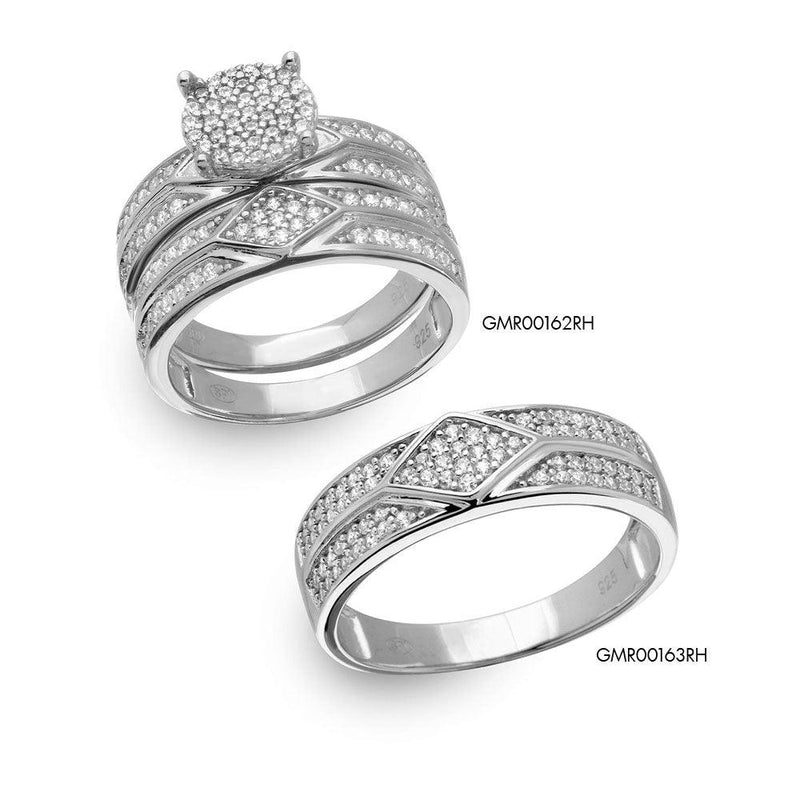 Silver 925 Rhodium Plated Round Pave Center Trio Bridal Ring - GMR00162