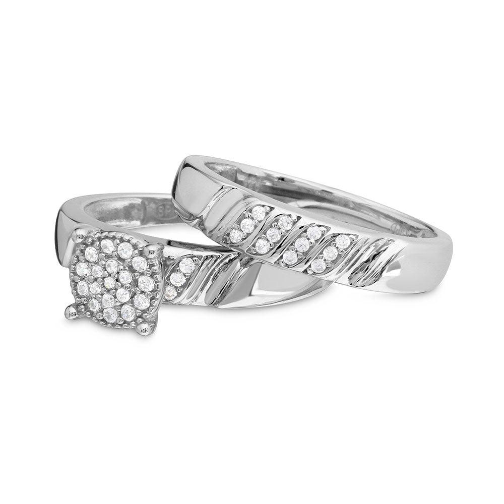 Anillo de bodas de plata de ley 925 rodiada con diseño de piedra lateral y centro de circonita cúbica Custer - GMR00164