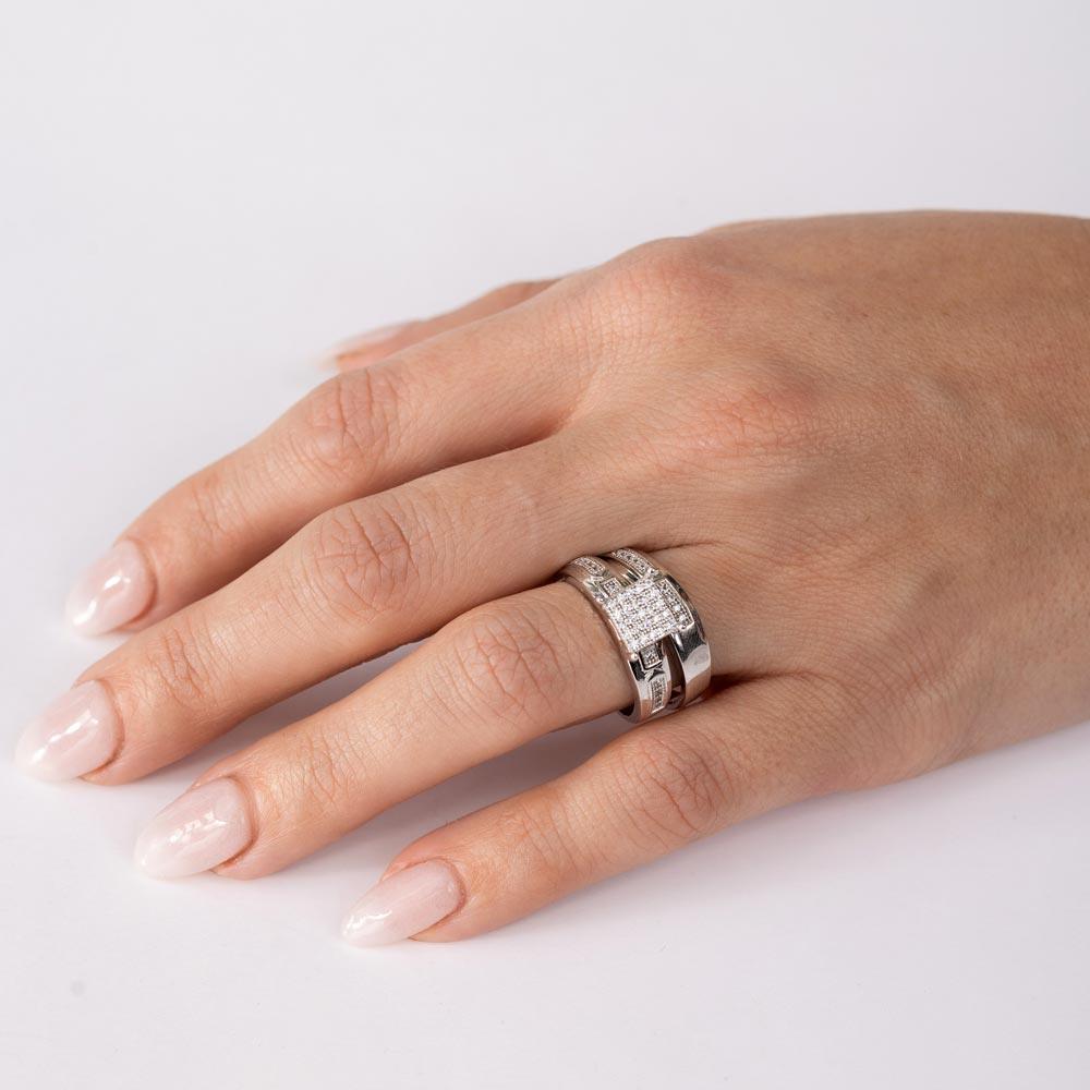 Anillo nupcial de trío con centro de pavé cuadrado chapado en rodio de plata 925 - GMR00168