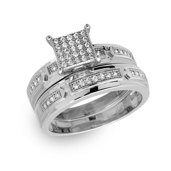 Silver 925 Rhodium Plated Square Pave Center Trio Bridal Ring - GMR00168 | Silver Palace Inc.