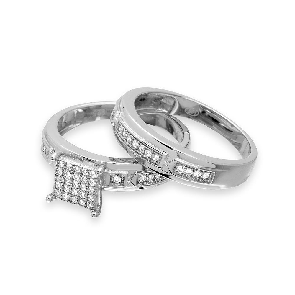 Anillo nupcial de trío con centro de pavé cuadrado chapado en rodio de plata 925 - GMR00168