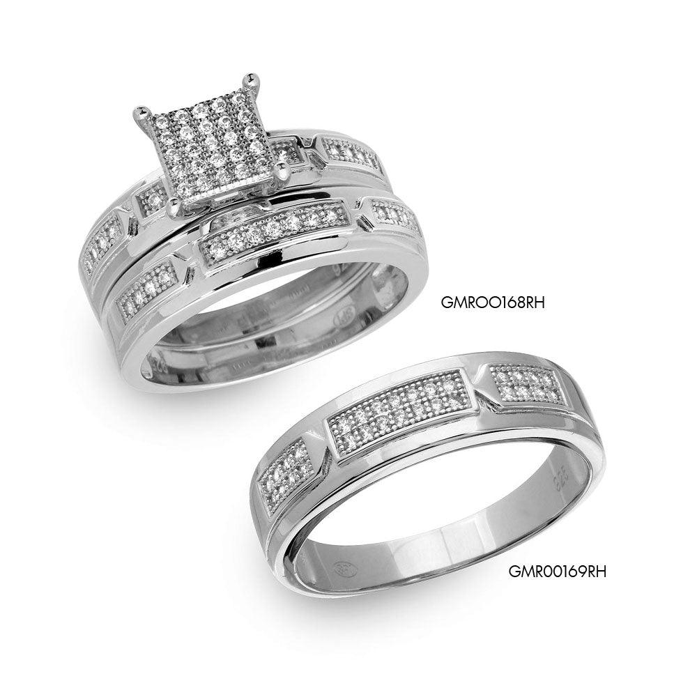 Anillo nupcial de trío con centro de pavé cuadrado chapado en rodio de plata 925 - GMR00168