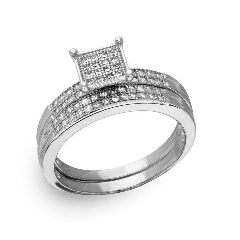 Silver 925 Rhodium Plated Square Pave Center Trio Bridal Ring - GMR00170 | Silver Palace Inc.