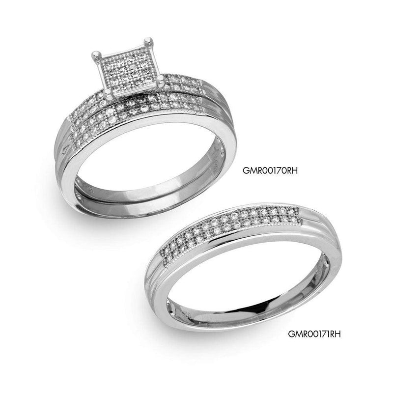 Silver 925 Rhodium Plated Square Pave Center Trio Bridal Ring - GMR00170