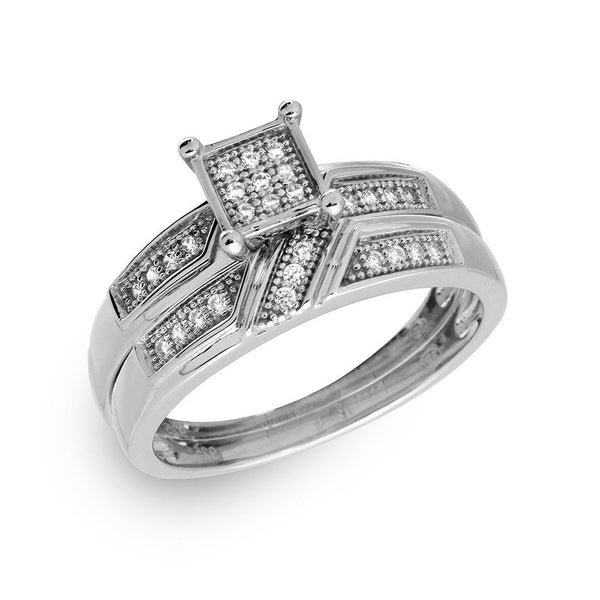 Silver 925 Rhodium Plated Square Pave Center Trio Bridal Ring - GMR00172 | Silver Palace Inc.