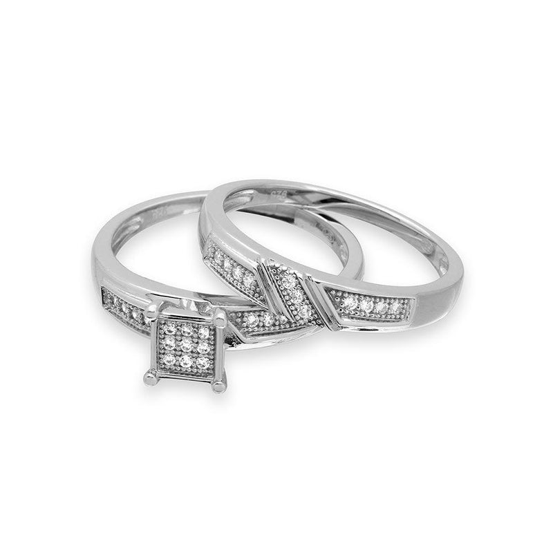 Silver 925 Rhodium Plated Square Pave Center Trio Bridal Ring - GMR00172