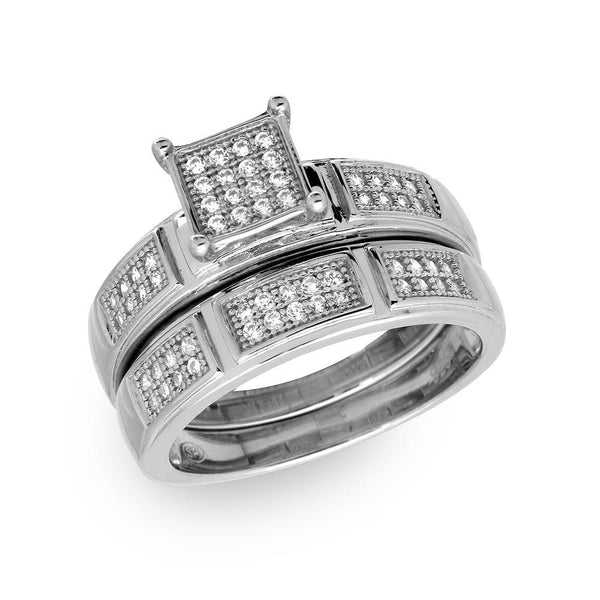 Silver 925 Rhodium Plated Square Pave Center Trio Bridal Ring - GMR00174 | Silver Palace Inc.