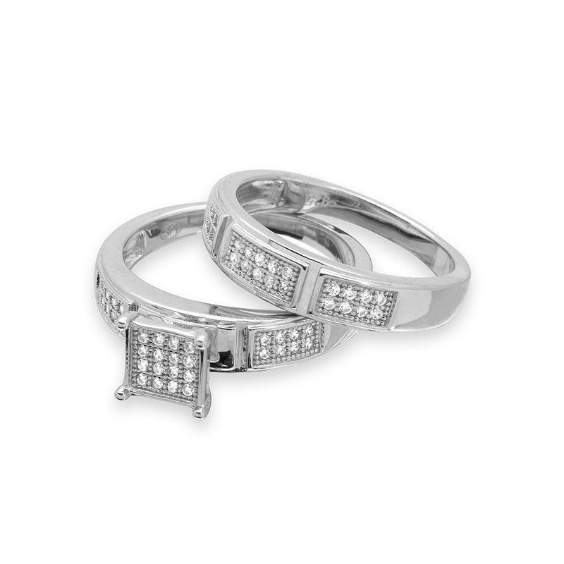 Silver 925 Rhodium Plated Square Pave Center Trio Bridal Ring - GMR00174